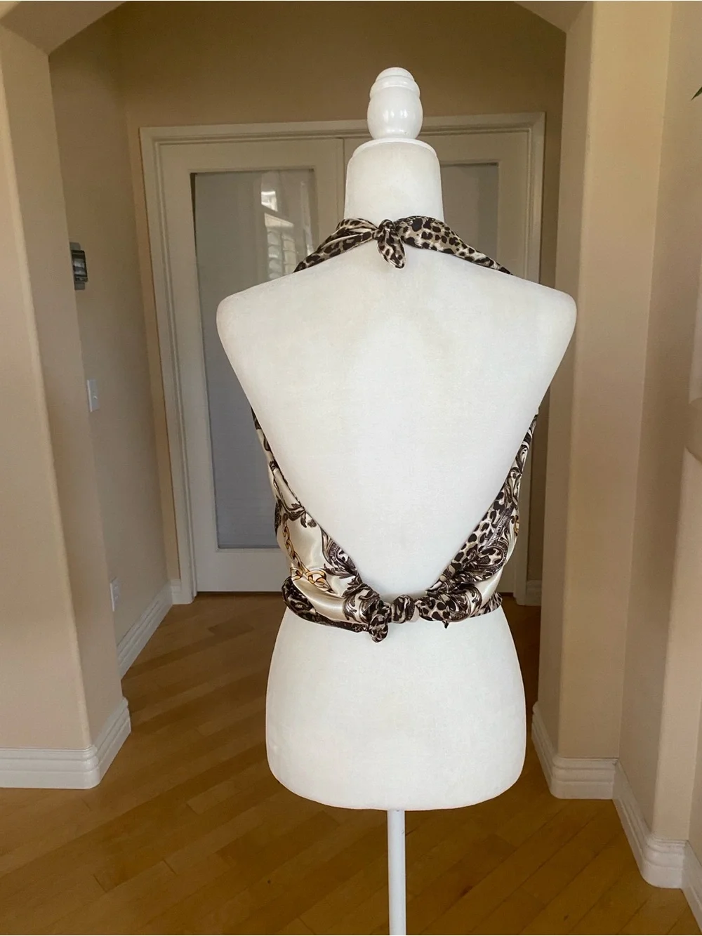 Cream Brown Gold Chain Medallion Print Scarf Wrap Top